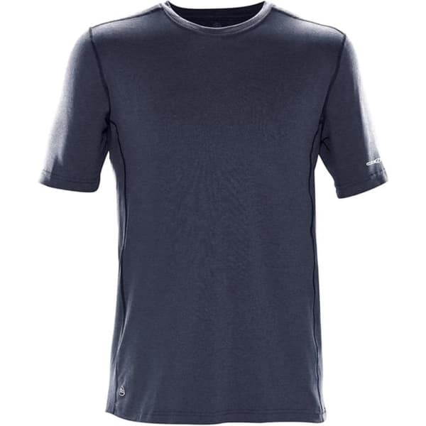 A short-sleeved men's t-shirt in dark navy blue with a logo on the side.