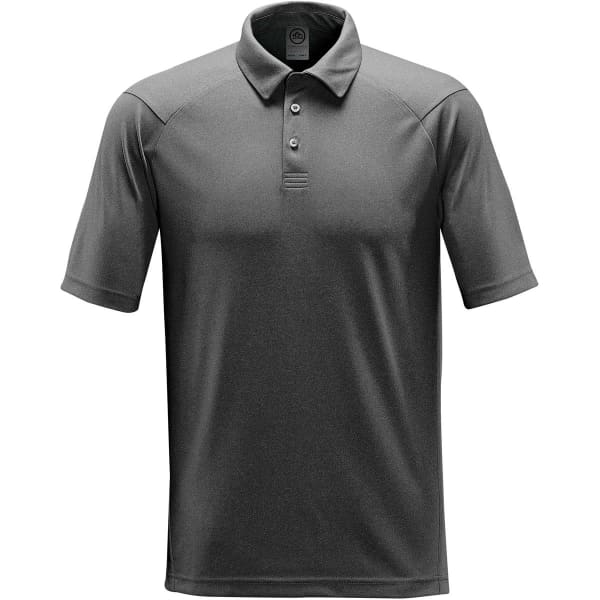 A men's heathered polo shirt in grey with a collar and short sleeves, featuring a logo on the chest.