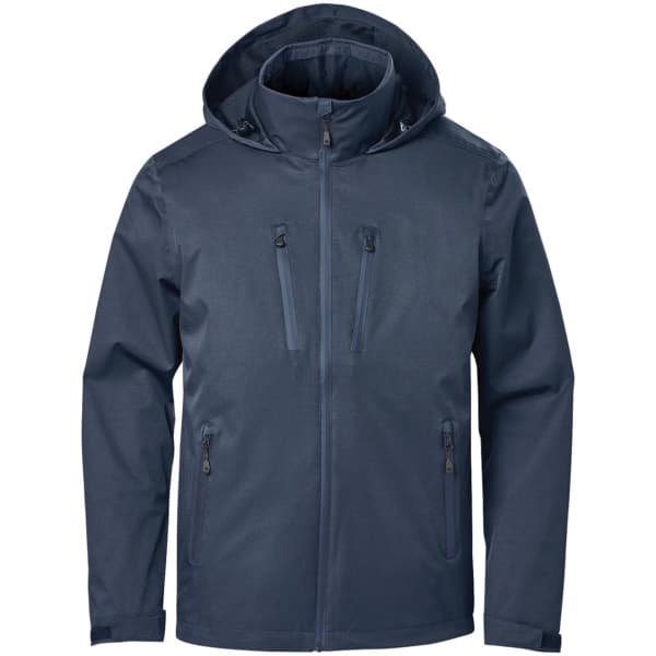 Men's Scirocco Lightweight Shell in dark navy, featuring a hood and multiple zippered pockets. Includes branding.