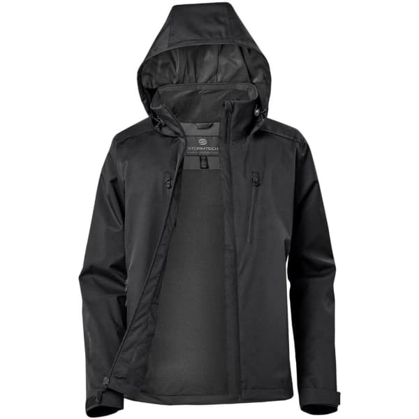 A black women's lightweight rain jacket with a hood and zippered pockets, featuring a logo on the fabric.