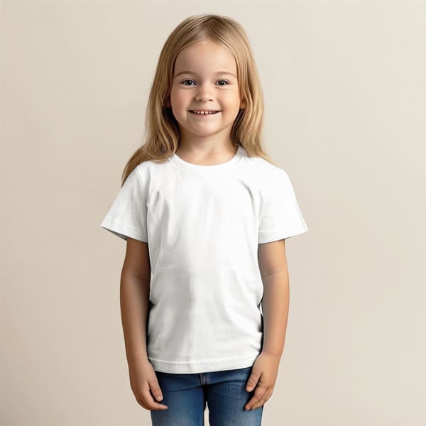 A child in a white T-shirt stands smiling against a neutral background. The shirt has a logo.