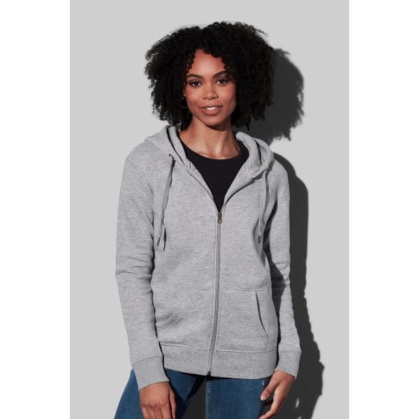 A grey women's active sweatjacket with a zip front and hood, featuring side pockets and a logo.