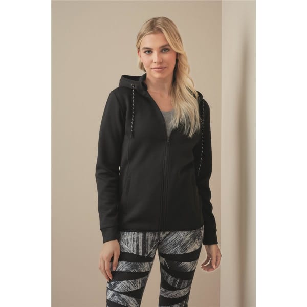 A black women's recycled scuba jacket with a hood, featuring a zip front and detailing on the drawstrings.