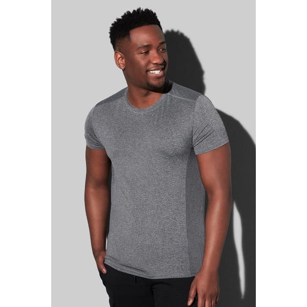 A men's grey recycled sports T-shirt with a fitted design and short sleeves, featuring a logo.