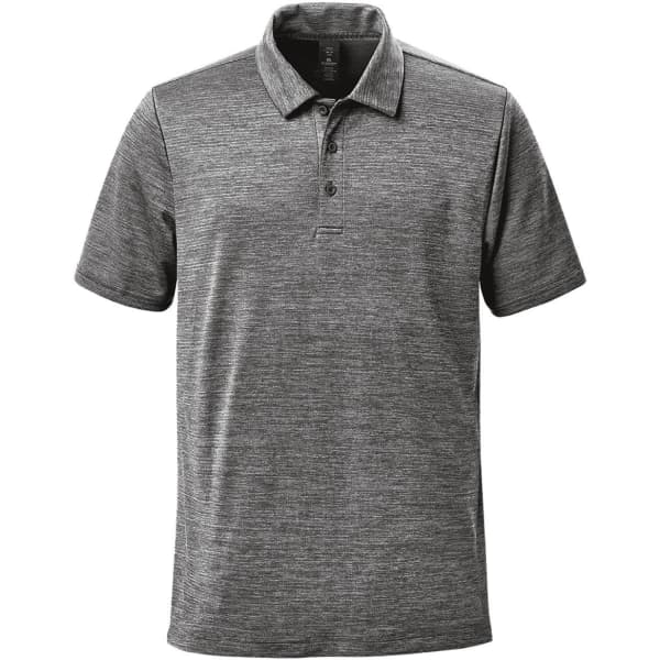 A grey men's polo shirt with a collar, short sleeves, and branding details.