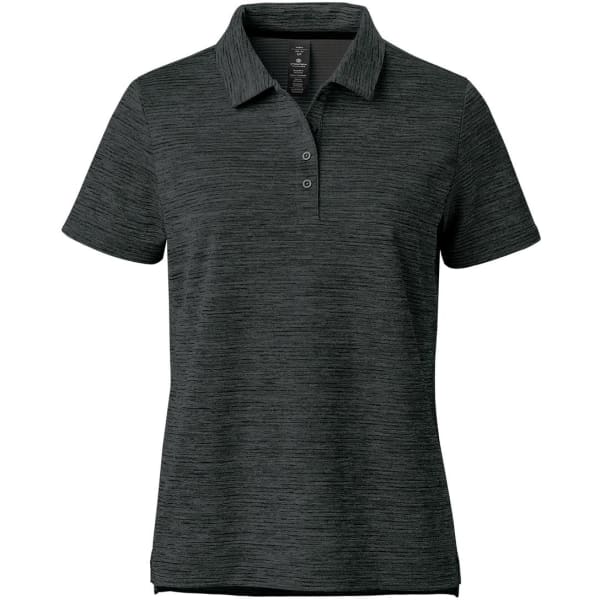 A dark green women's polo shirt with a collar and short sleeves. It features a branding logo on the chest.
