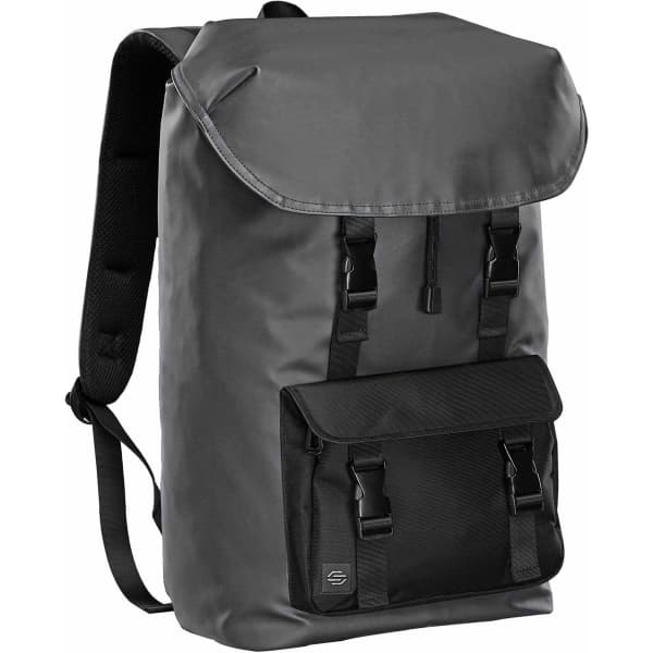 A grey backpack featuring a flap closure and adjustable straps, with a front pocket and a logo present.