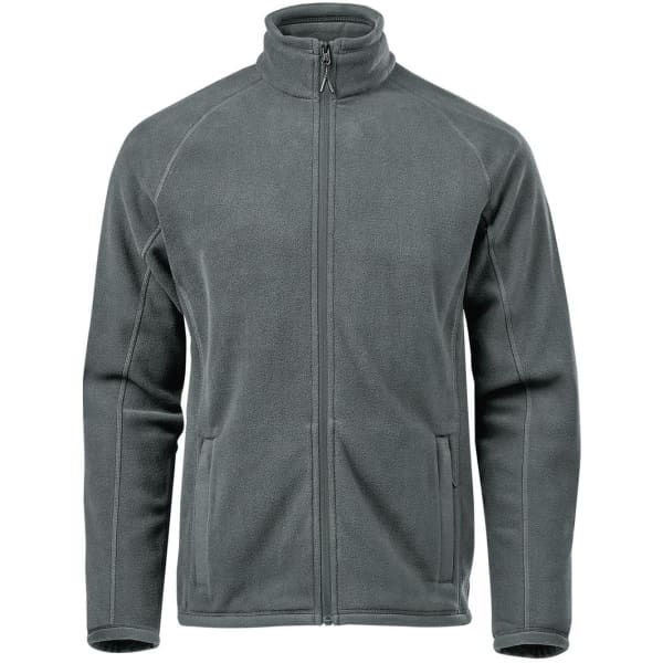 A men's fleece jacket in grey, featuring a high collar and zip front, with side pockets and branding.