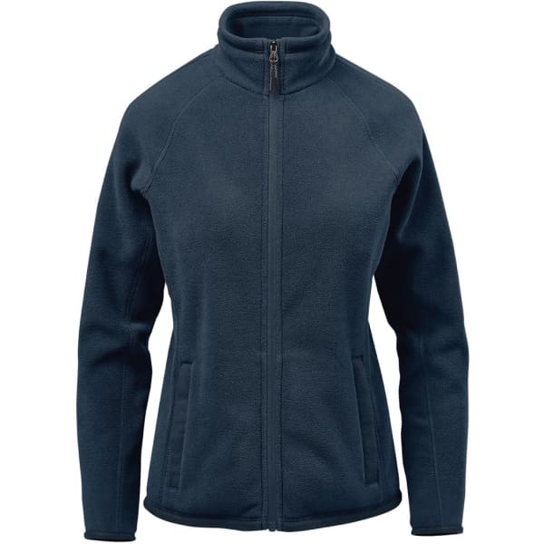 A women's Montauk fleece jacket in dark navy, featuring a zip-up front and side pockets. It has a branded logo.