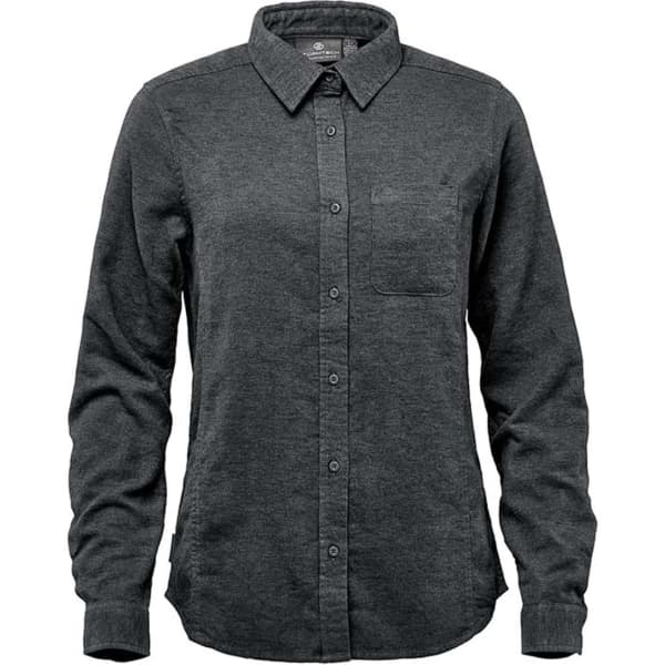 A women's long sleeve twill shirt in dark grey, featuring a button-up front and a single chest pocket.