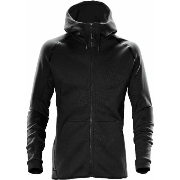 A black zip-up hooded jumper with long sleeves, featuring a fitted design and a logo.
