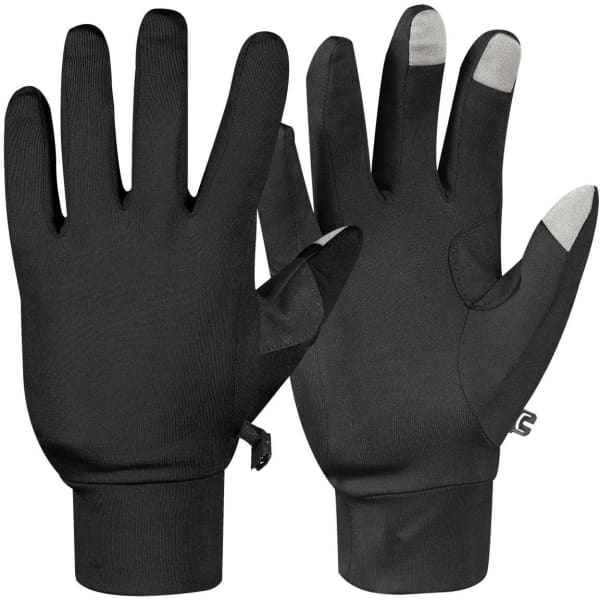 A pair of black fleece gloves featuring touchscreen fingertips and a logo on the wrist.