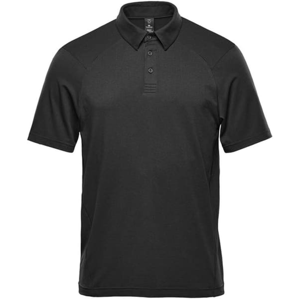 A black short sleeve polo shirt featuring a collar and a logo on the chest. Suitable for casual or athletic wear.