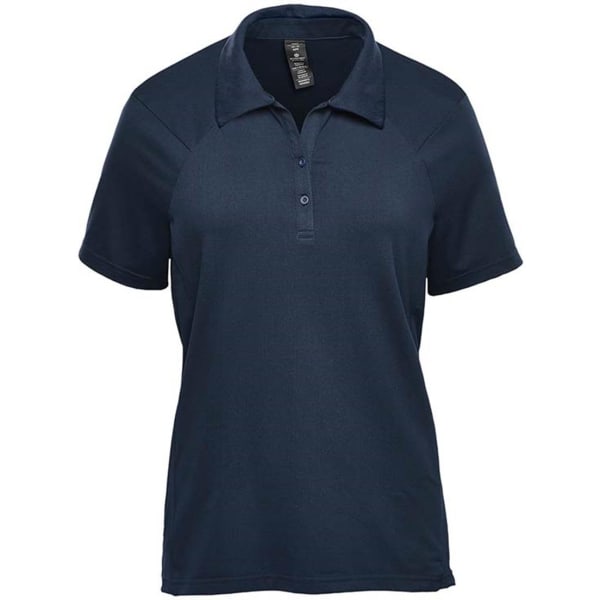 A navy women's polo shirt with short sleeves and a collar. Features a logo on the front.