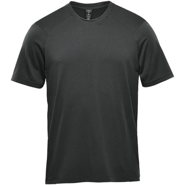 A dark green short sleeve performance tee with a logo on the front and contrasting shoulder panels.
