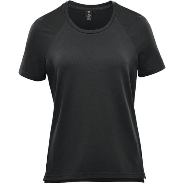 A black women's short sleeve performance tee with a round neckline and raglan sleeves. It has a logo on it.