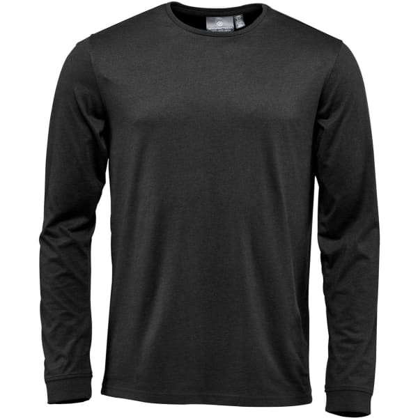 A black long-sleeved men's tee shirt with a round neckline and a small logo.