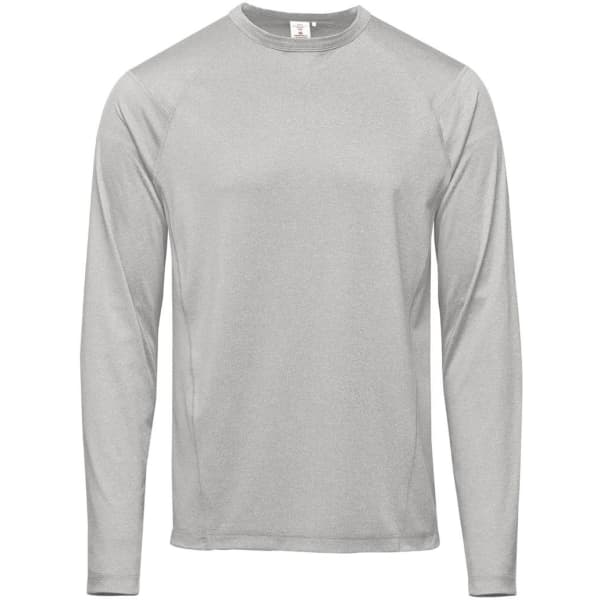 A long-sleeve grey T-shirt featuring a sleek design and a logo. Ideal for casual wear.