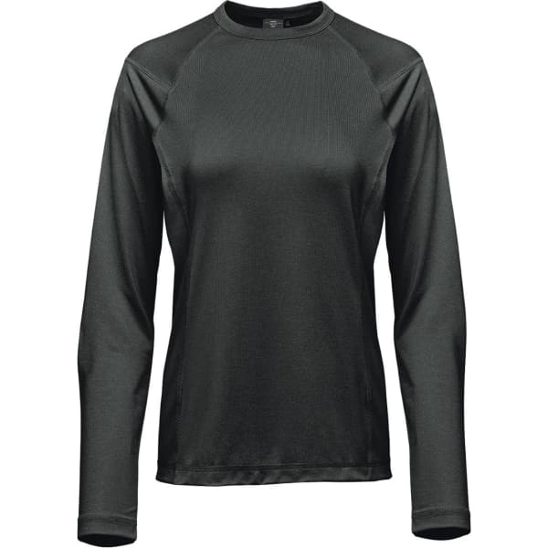 A dark green women's long-sleeve tee with a fitted design and a logo.