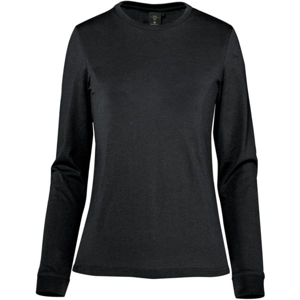 A black long-sleeve women's t-shirt with a fitted design and a logo.