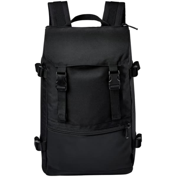 A black backpack featuring adjustable straps, front pocket, and a zippered compartment at the base. It has a logo.