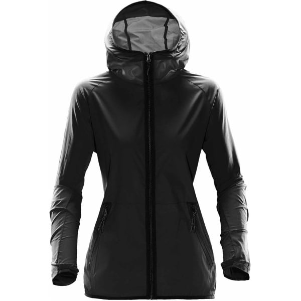 A women's hooded rain jacket in black with zippered pockets and a logo.