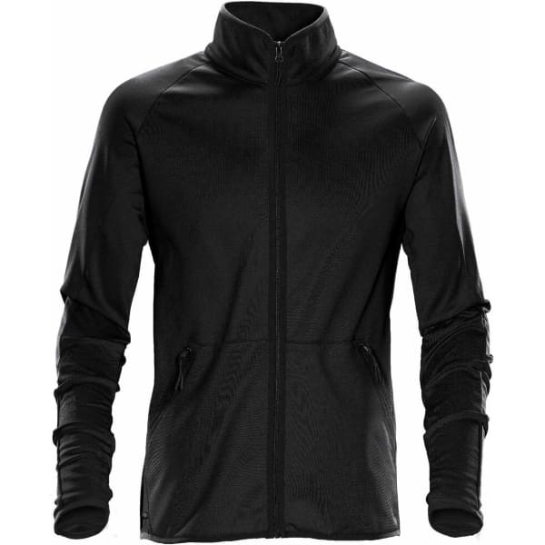 A black men's Mistral fleece jacket with long sleeves, a zip front, and two side pockets. It features a logo.