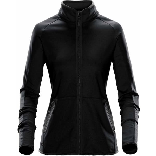 A black women's polar fleece jacket featuring a zip front and zippered pockets, with a branding logo on it.