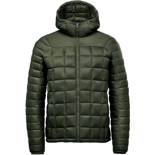 A green puffer jacket with a hood, featuring a quilted design and a zip closure at the front. It has a logo.