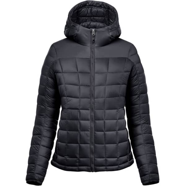 A women's puffer jacket in black, featuring a quilted design and a hood, with a front zipper and long sleeves.