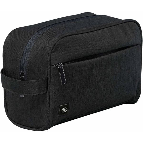 A black toiletry bag with a zippered main compartment and a front pocket, featuring a logo.