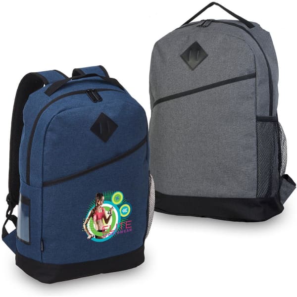 A blue and grey backpack with a logo, featuring mesh side pockets and adjustable straps.