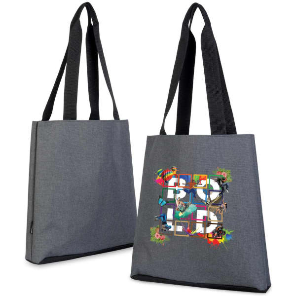 A grey tote bag featuring a vibrant design on one side and black straps. The bag has a logo.