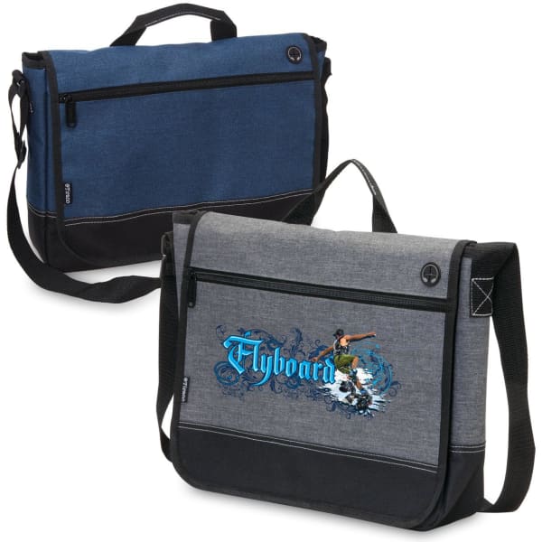 A laptop satchel in blue and grey, featuring an artistic design and a shoulder strap. The bag includes a logo.