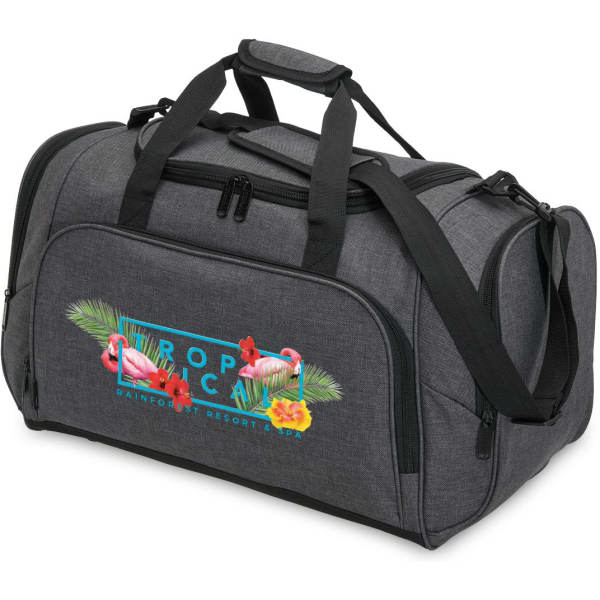 A grey duffle bag with a graphic design featuring tropical elements and a logo. It has dual handles and a shoulder strap.