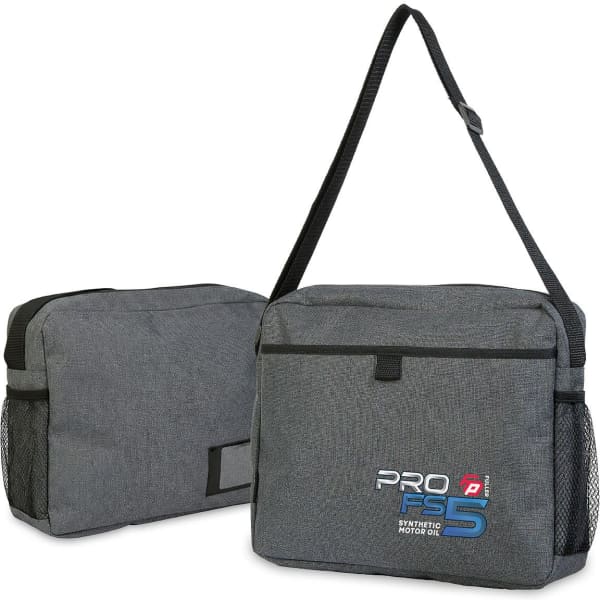 A grey satchel bag with an adjustable strap, featuring a front pocket and mesh side pockets. Includes a logo.
