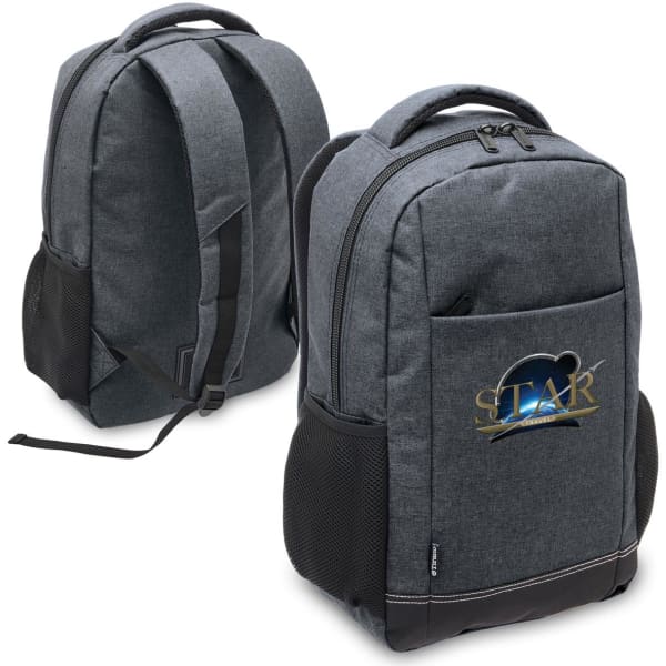 A grey laptop backpack featuring a branded logo, with side mesh pockets and adjustable shoulder straps.