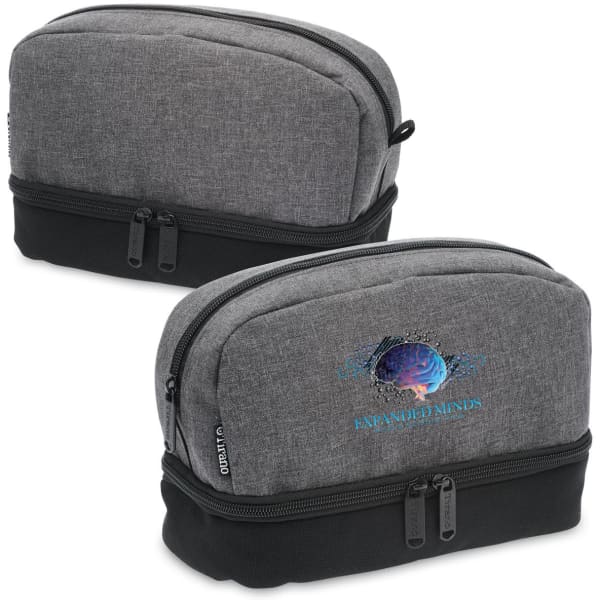 A grey toiletry bag with a black base, featuring a logo on the front. It has dual zip compartments.
