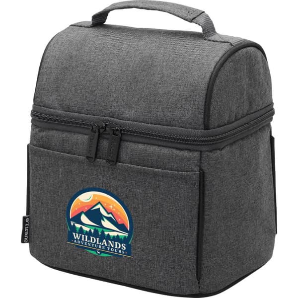 A grey lunch cooler bag featuring a front pocket and a branded logo. It has a top handle for easy carrying.