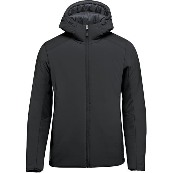 A black puffer jacket with a hood, featuring a front zipper and side pockets, and a logo on the left side.
