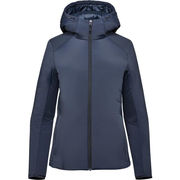 A women's puffer jacket in navy blue with a hood and front zip closure. It features a sleek design and has a logo.