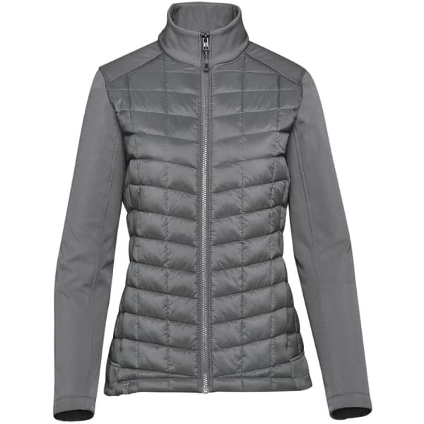 A grey women's softshell jacket featuring a quilted design and high collar, with a zippered front and branding.