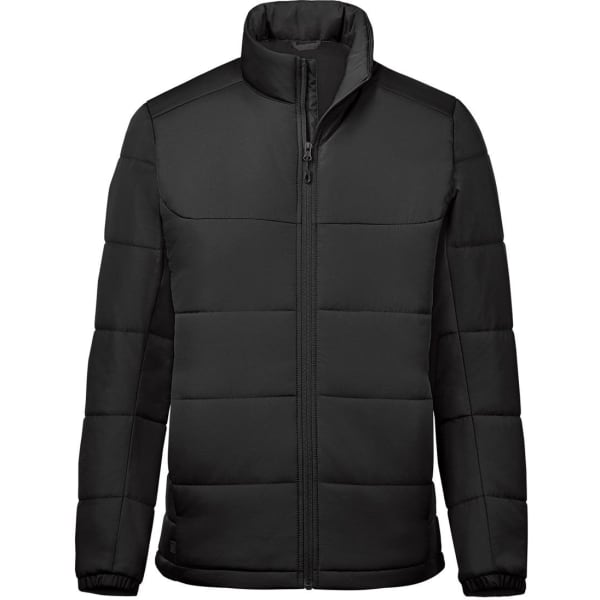 A black puffer jacket with a high collar and zip front, featuring a logo on the chest.