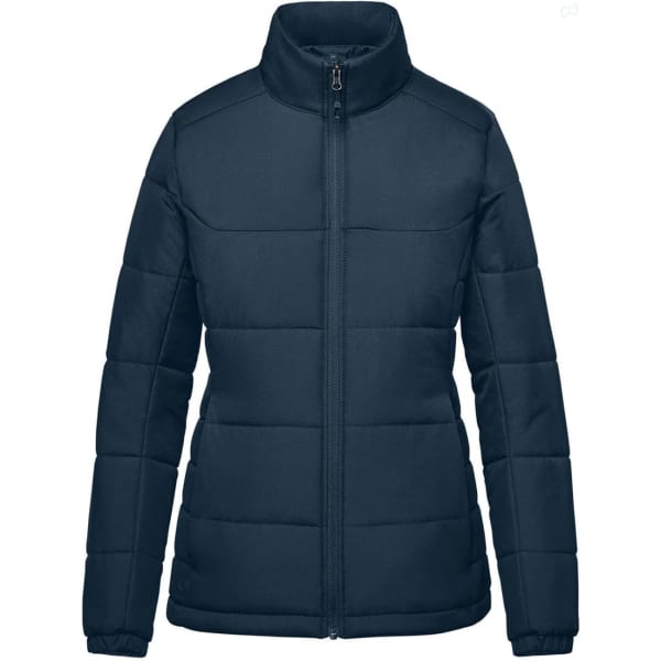 A women's puffer jacket in navy blue, featuring a zip-up front and high collar. It has a logo on it.