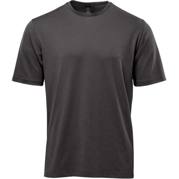 A grey men's t-shirt with short sleeves, featuring a logo on the design.