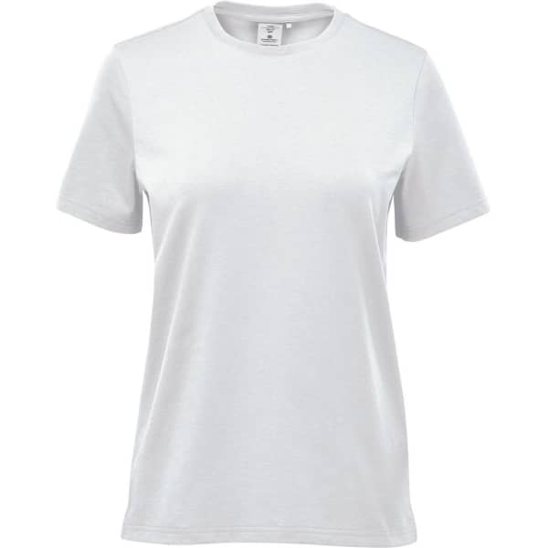 A white women's t-shirt with short sleeves and a branding label.