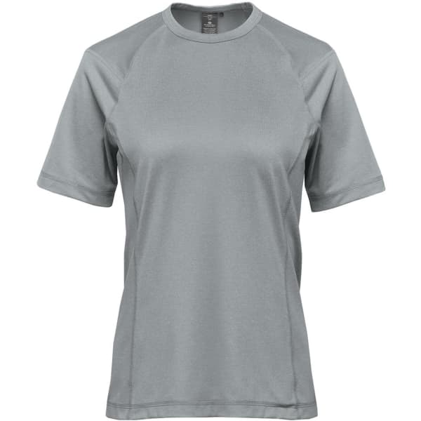 A short-sleeved women's T-shirt in a light green shade, featuring a logo on the front.