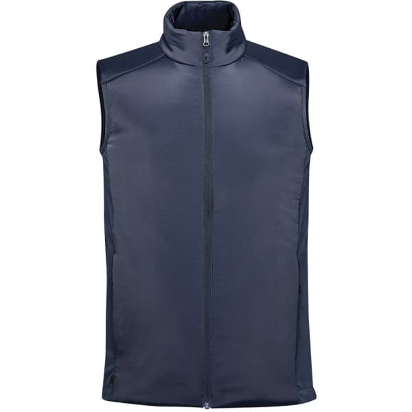 A navy thermal vest with a high collar and front zip, featuring a logo. Suitable for layering.