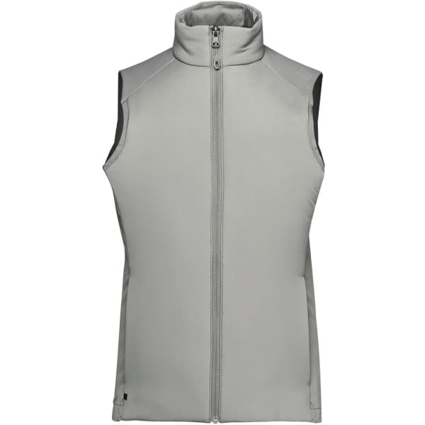 A light grey women's thermal vest with a high collar and front zip, featuring a branding logo.