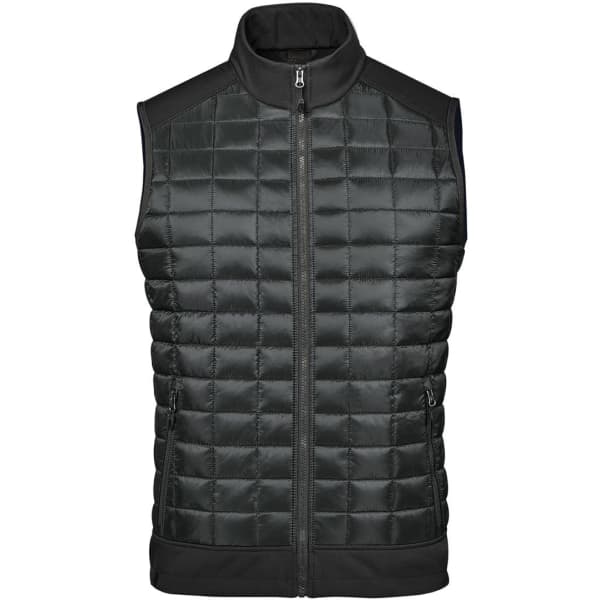 A black thermal softshell vest featuring a quilted design and a full front zip, with a sleek collar and pockets.